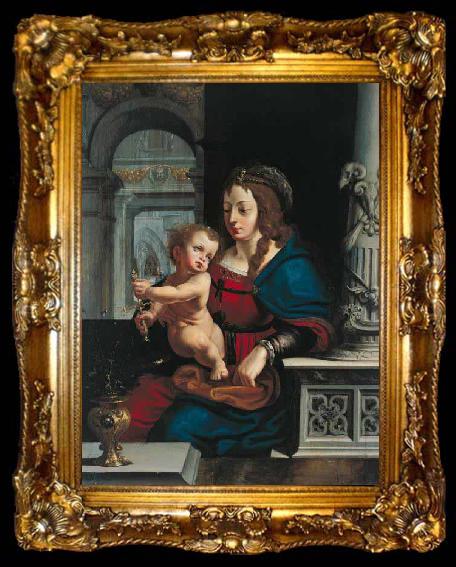 framed  Joos van cleve Madonna and Child againt the renaissance background, ta009-2